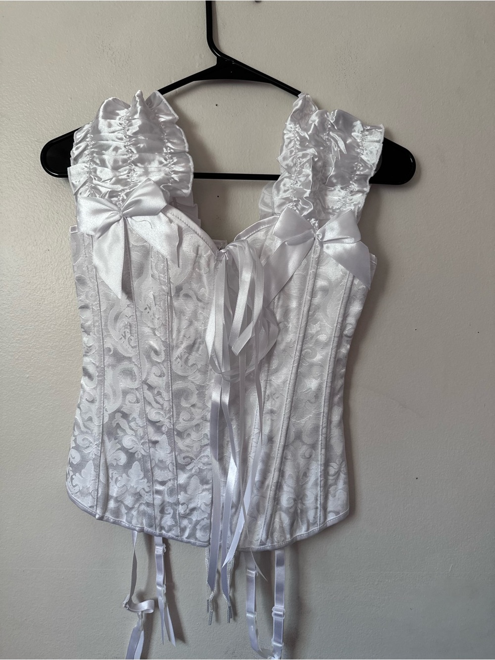 White Satin Brocade Corset Top with Ruffle Straps